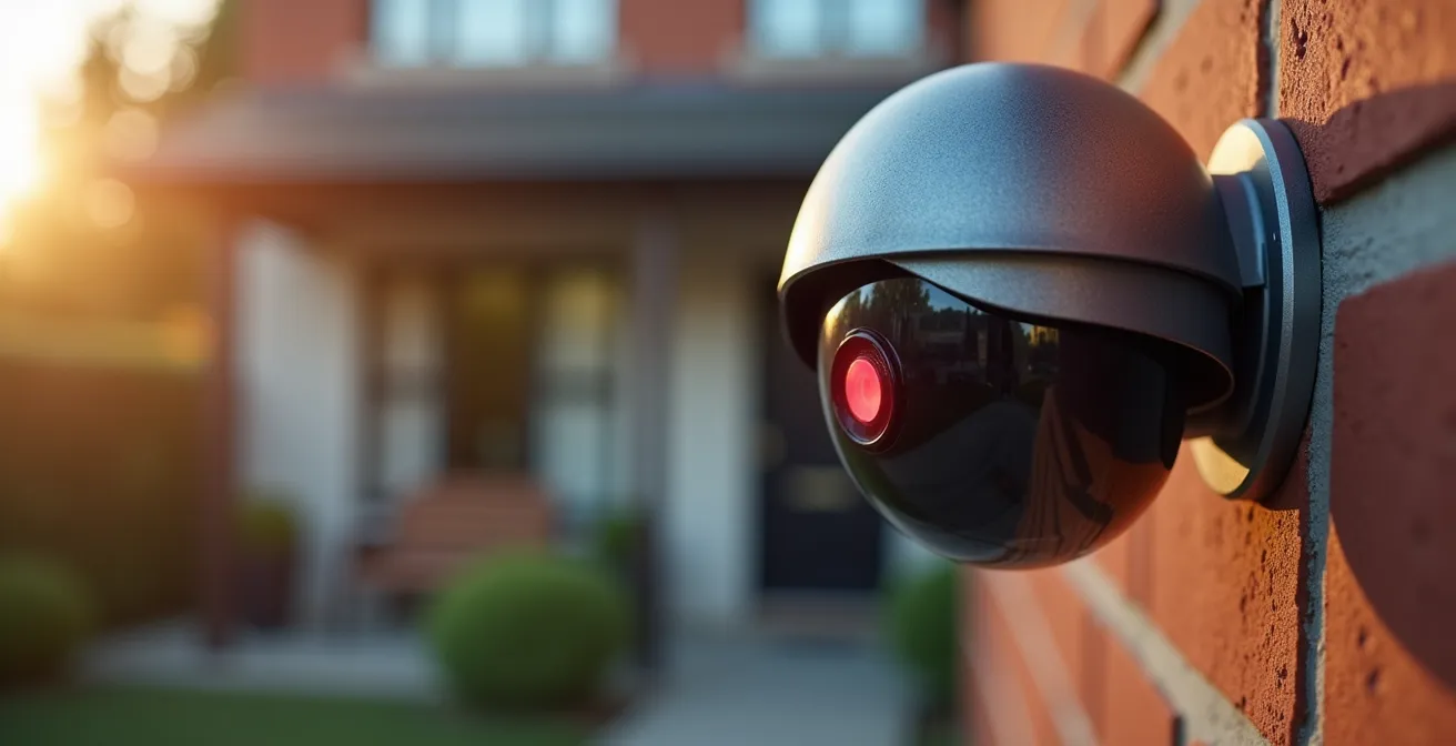 Gros plan sur une caméra de surveillance avec LED rouge visible montée à l'entrée d'une maison