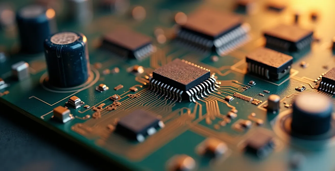 Axe Macro : Détail de composants électroniques avec texture métallique