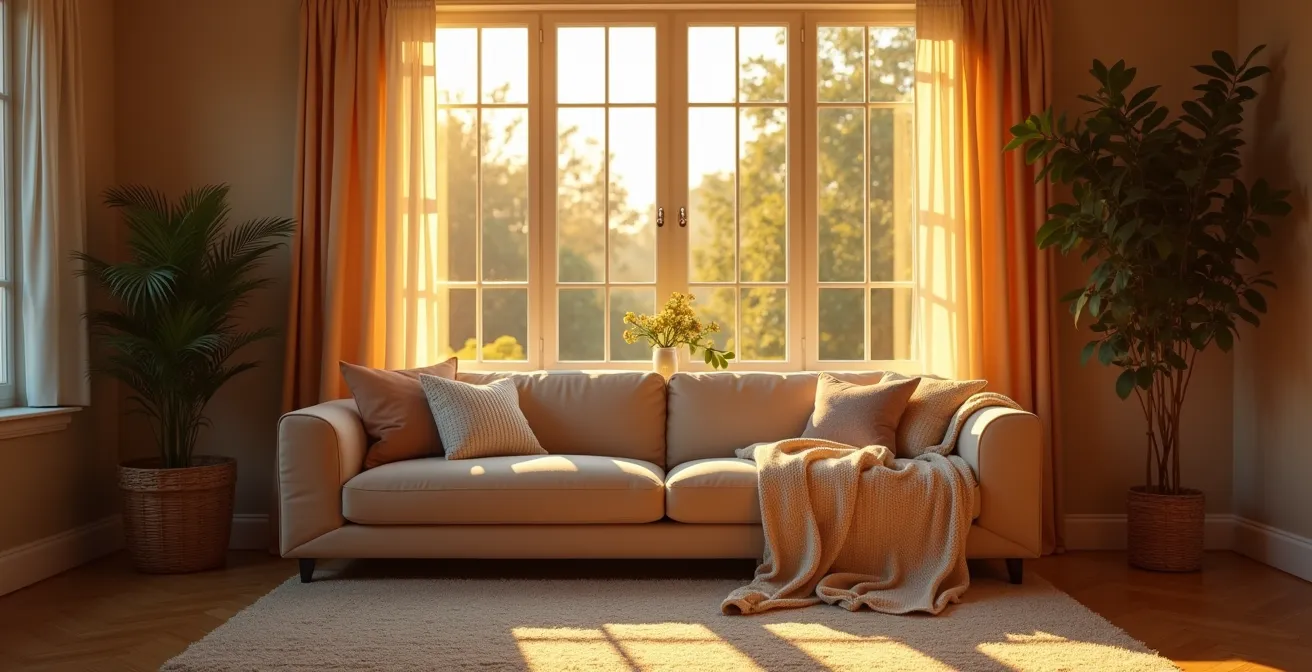 Famille détendue dans un salon chaleureux, symbolisant la sérénité d'un domicile protégé