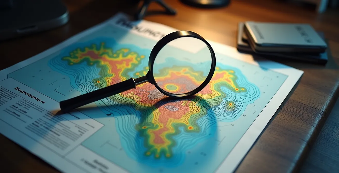 Axe Symbolique : Loupe examinant une carte avec points de décision