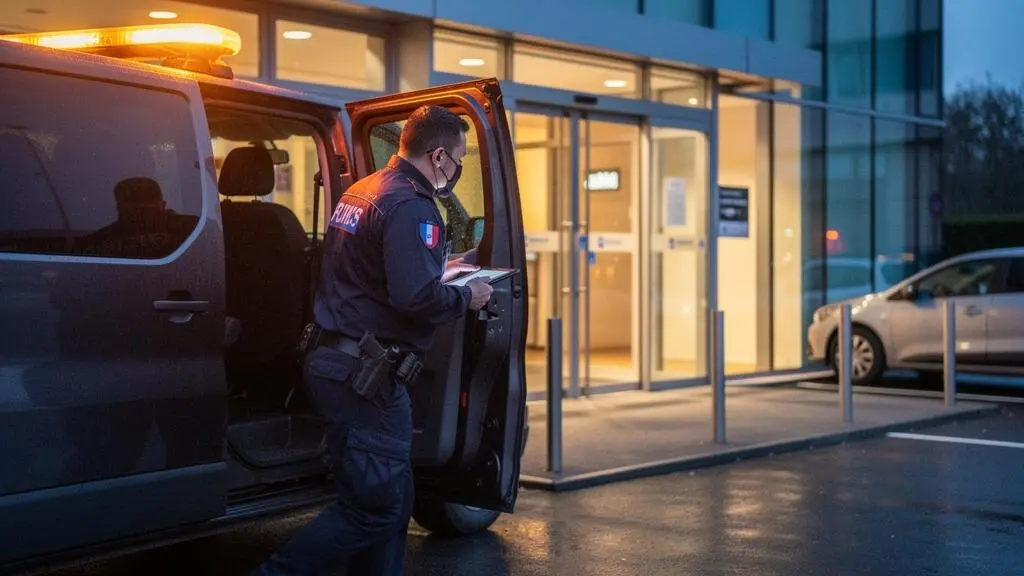 Agent de sécurité d'intervention sortant de son véhicule pour répondre à une alerte sur un site commercial