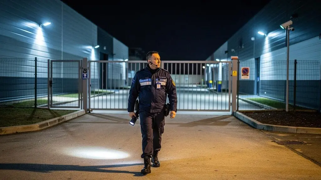 Agent de sécurité effectuant une ronde de surveillance nocturne à pied dans un site industriel français