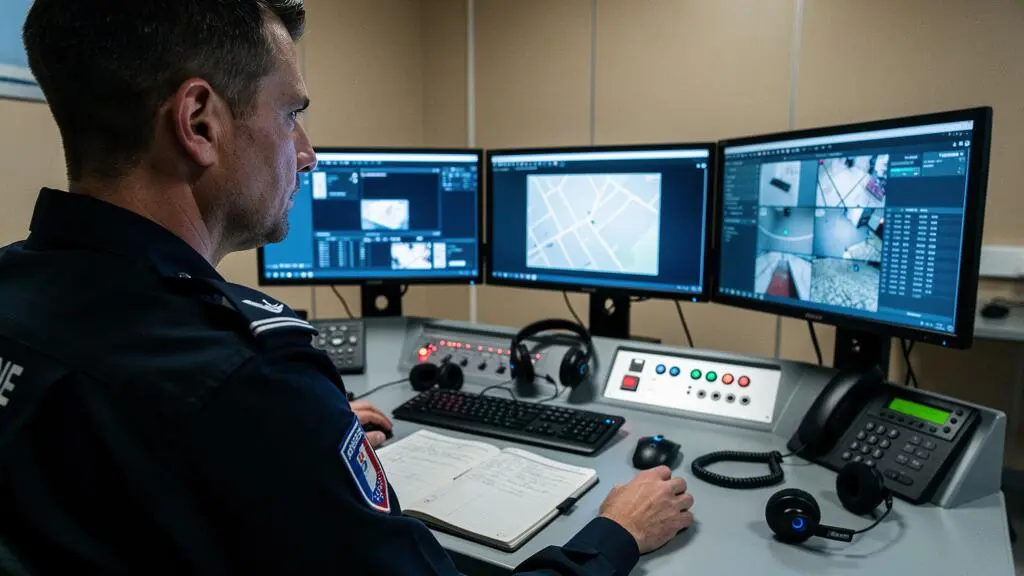 Agent de sécurité surveillant des écrans de vidéosurveillance depuis un poste de contrôle